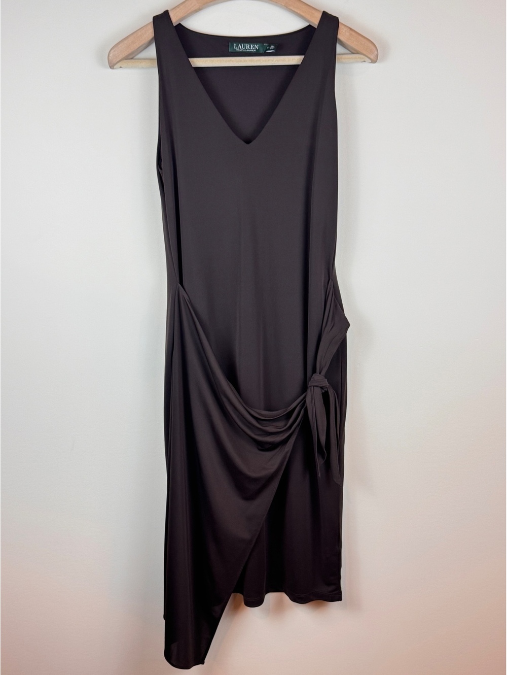 Lauren Ralph Lauren Chocolate Brown Draped Tie Side Asymmetrical Midi Dress M